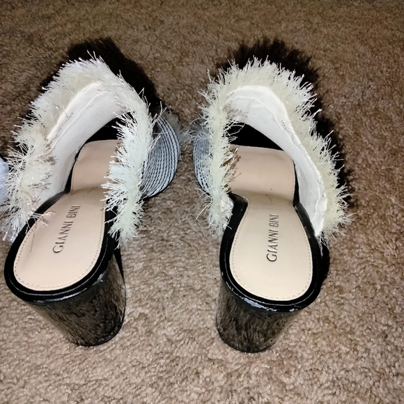 Gianni Bini (Size 9.5M) Frayed Striped Pattern Slipon Peep Toe Mule Chunky Heels - Picture 9 of 13